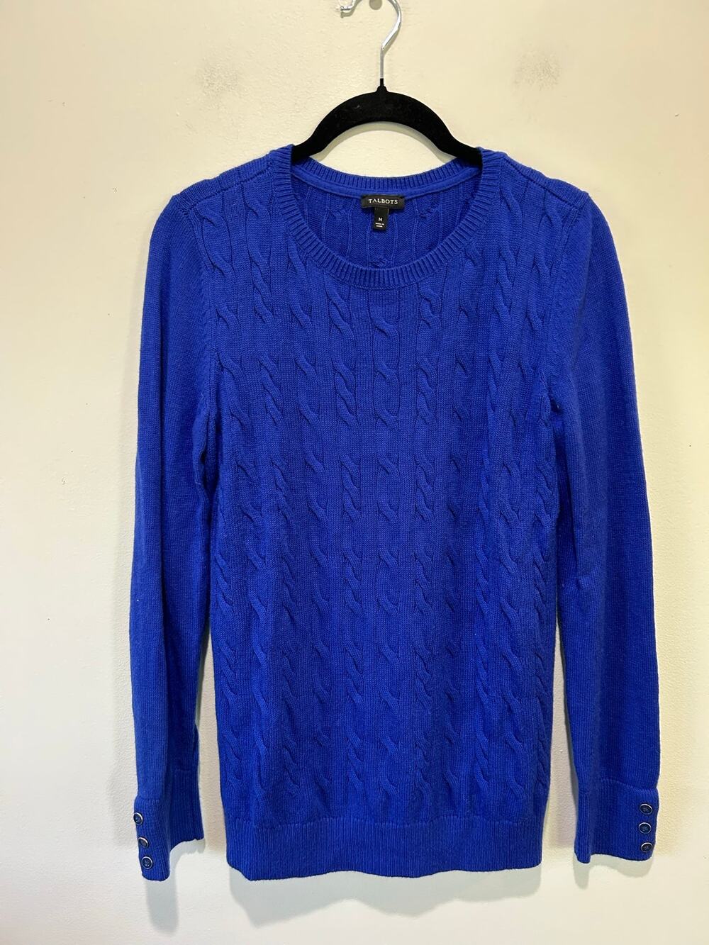 Talbots royal blue sweater size M lambswool blend cable knit buttons classic